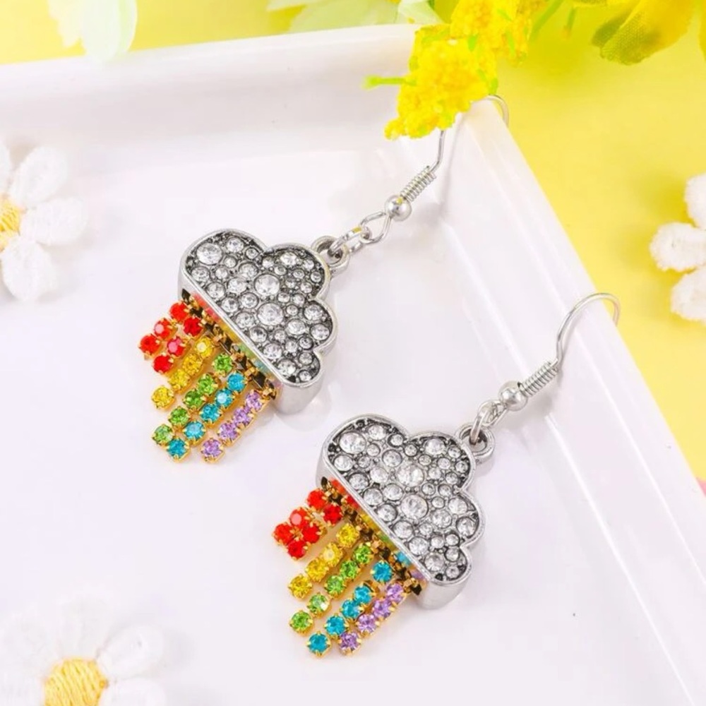 🌈 Sparkly Colorful Rainbow Rhinestone Cloud Drop Earrings 💎